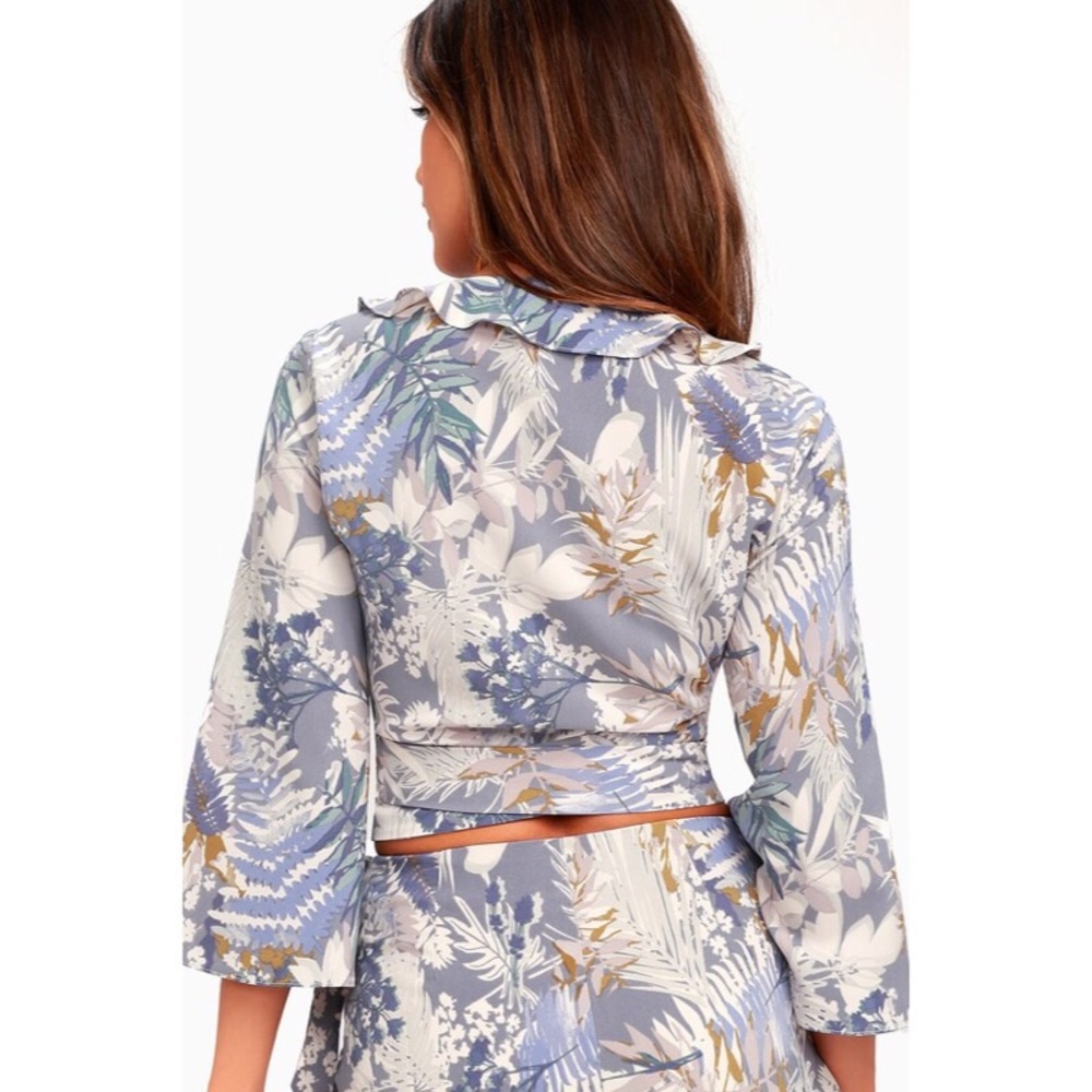 Blue Tropical Print Ruffle Wrap Top - Picture 3 of 4